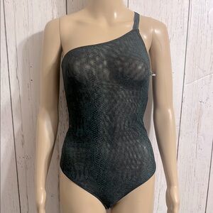FP Intimately Free People Snakeskin Print One-Shoulder Black Teddy Bodysuit